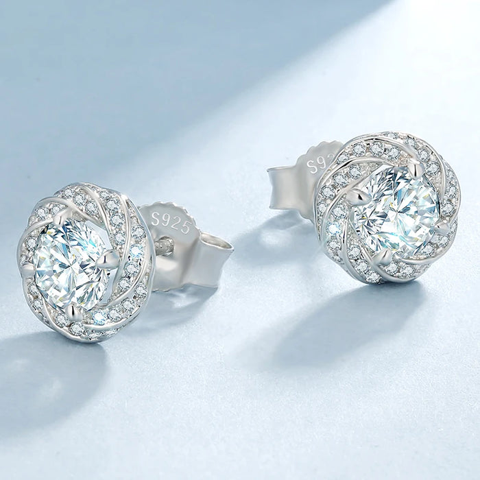 925 Sterling Silver Flower Cluster Halo Diamond Earrings