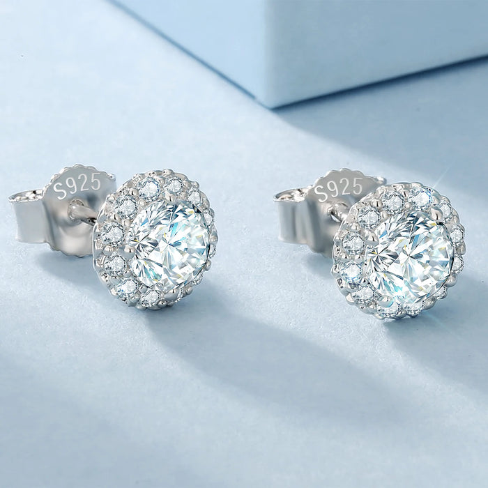 925 Sterling Silver Flower Cluster Halo Diamond Earrings