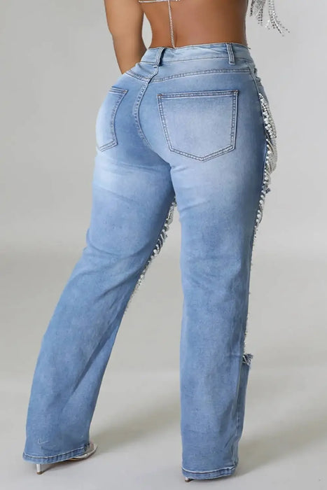 Plus-Size Pearl-Embellished High-Waist Denim