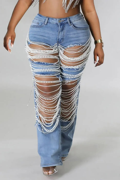 Plus-Size Pearl-Embellished High-Waist Denim